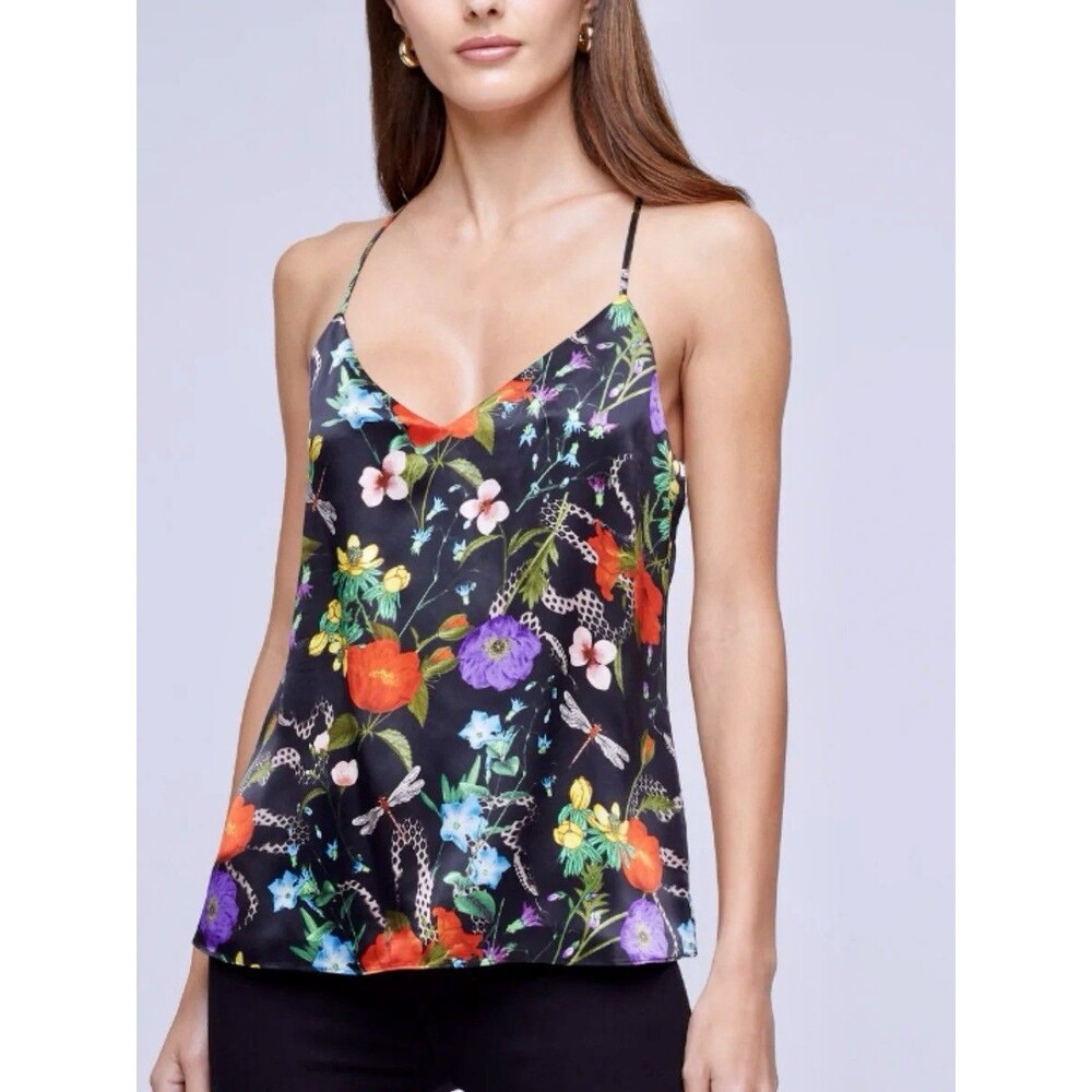 L’AGENCE Silk Floral Camisole Women Sz L Black Animal Snake Print UniqueLux NWOT